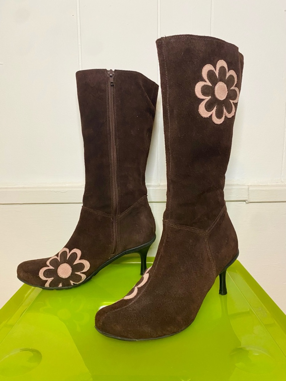 Brown Suede Mid-Calf Heeled Boots with Pink Floral Appliqué